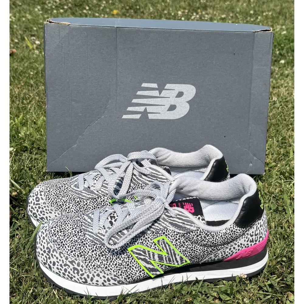 NEW) New Balance Women's Grey Leopard-Print Sneakers with Neon Accents